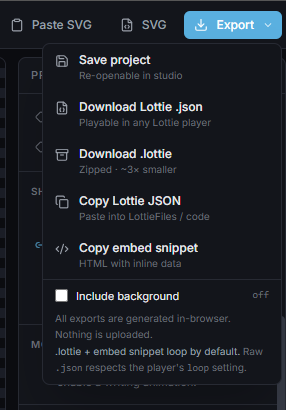 the export dropdown with all options.